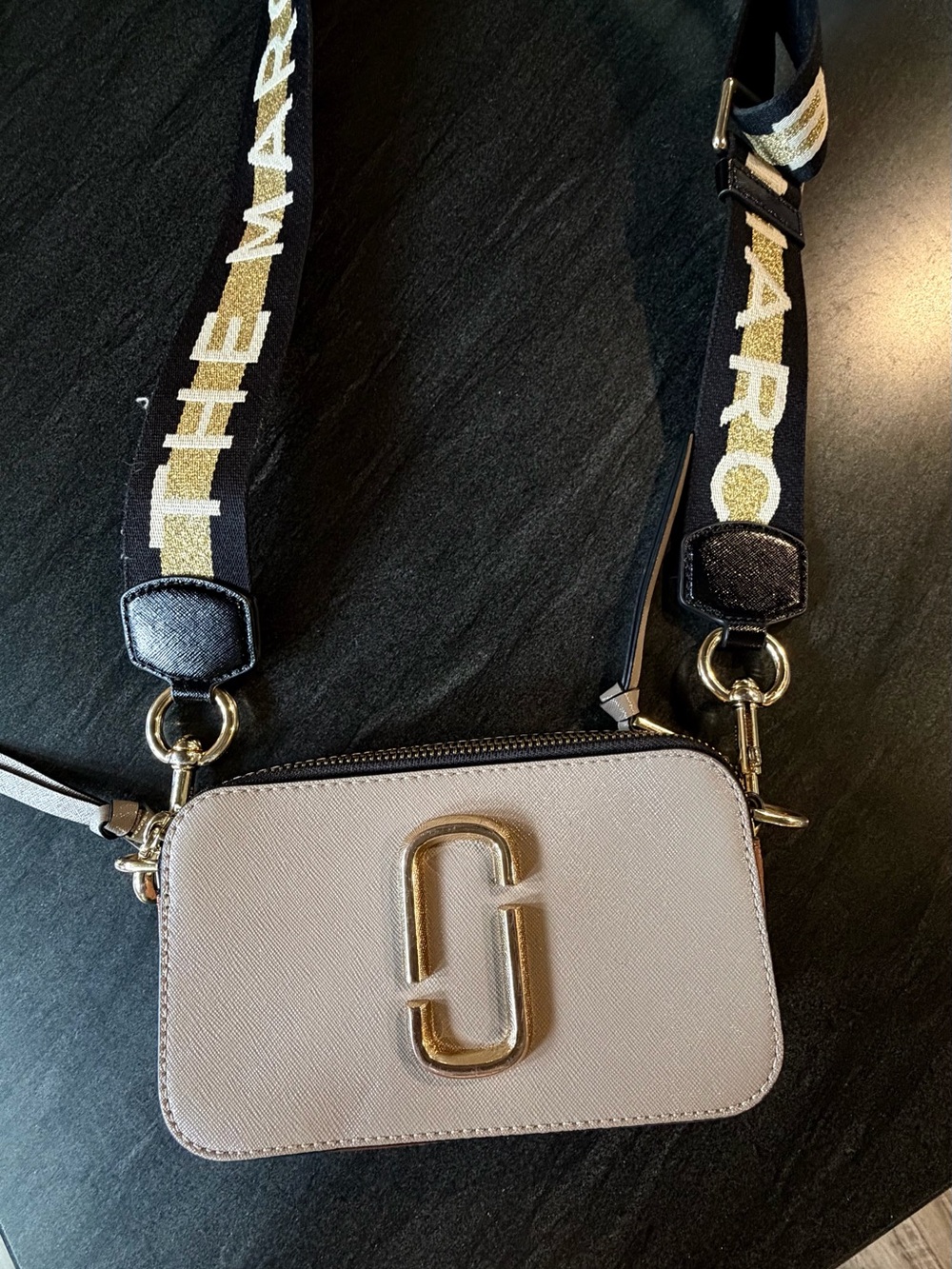 Marc Jacobs Taupe Gold Double J Snapshot Crossbody Bag with Logo Strap